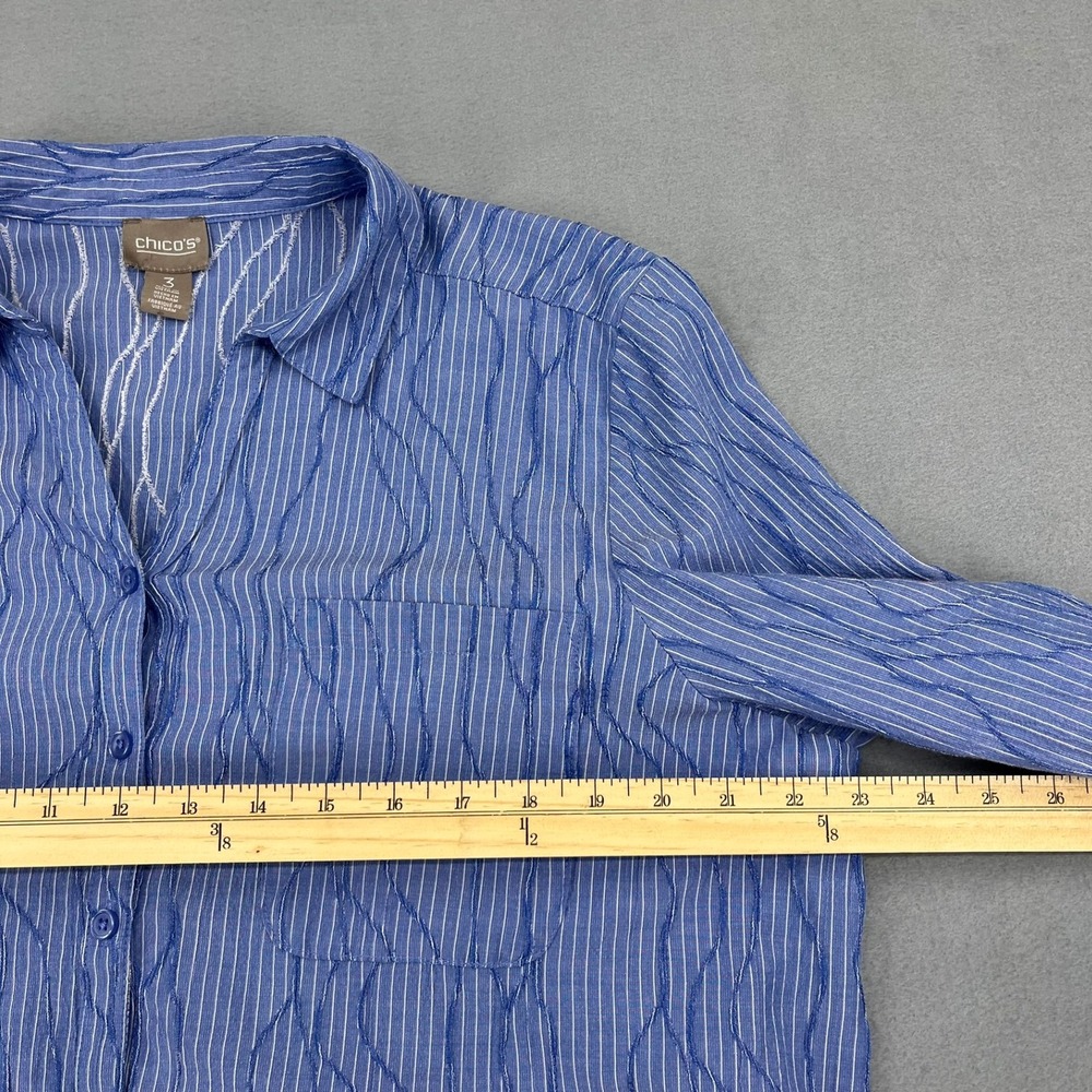 Chico's Blue White Pinstripe Textured Button Down Shirt Roll Tab Size 3 Large - Picture 6 of 13